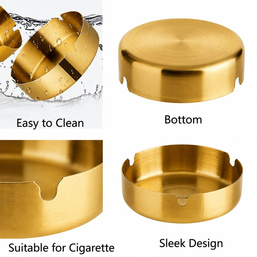Gold Stainless Steel Ashtray 4Pcs Set Round Metal Table Ashtray Heavy Duty Luxury Gold Ashtray Modern Home Office Outdoor Patio Ashtray