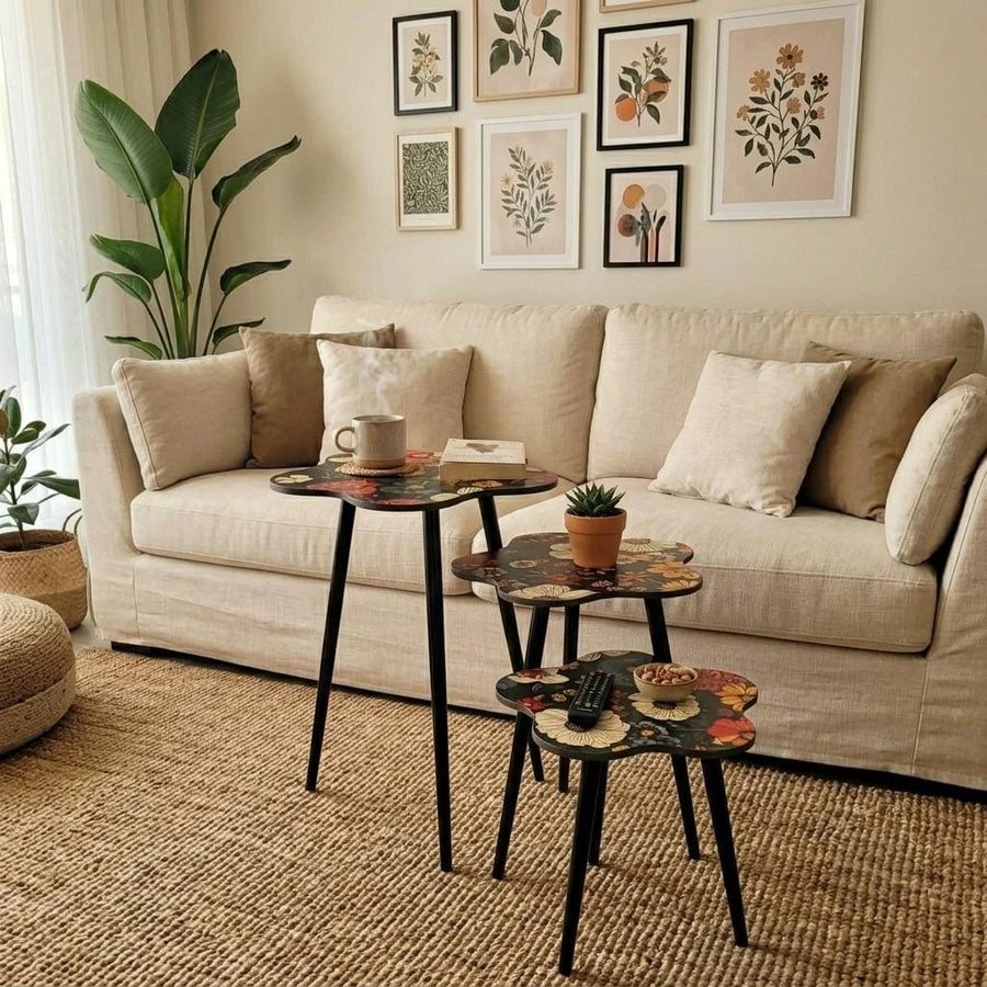 Nesting Floral Coffee Table Set of 3 Decorative Living Room Side Tables with Interchangeable Legs