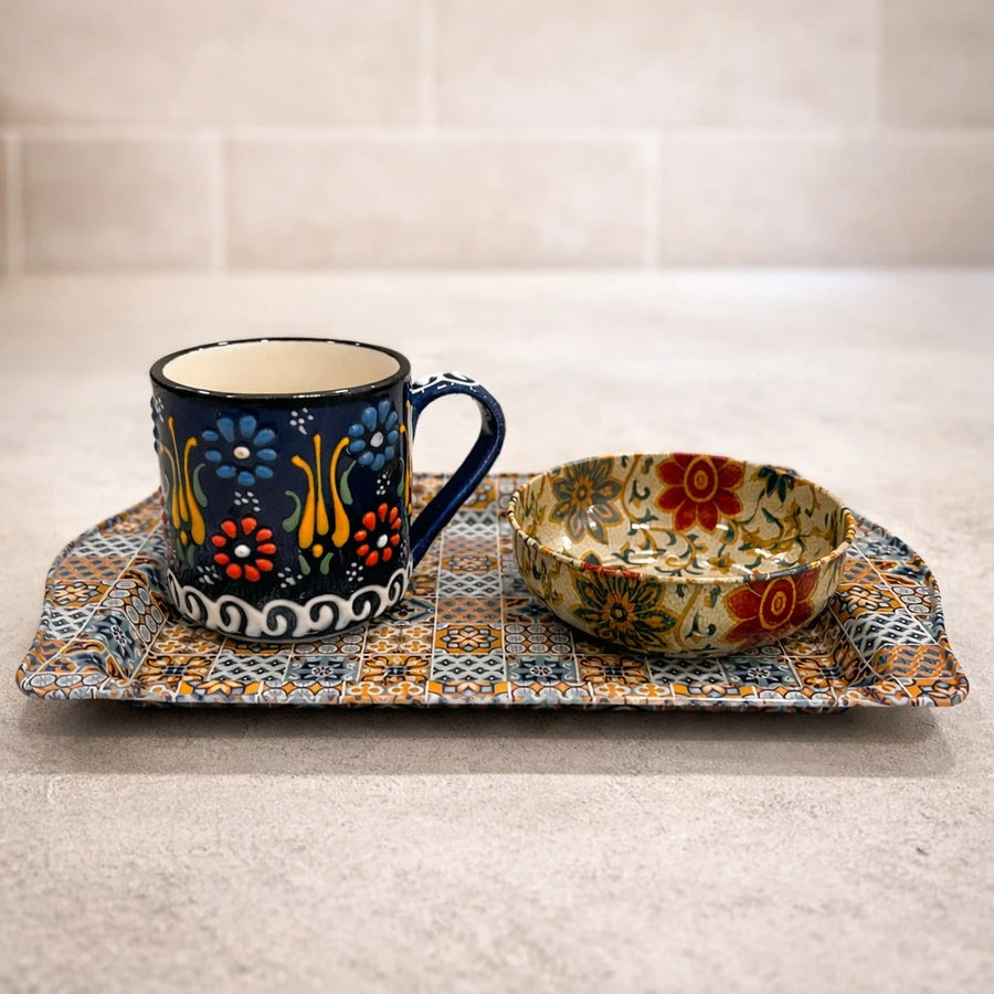 Turkish Coffee Serving Set Metal Tray Ceramic Cup Mandala Coffee Tea Serving Set Ottoman Floral Decorative Tray Set