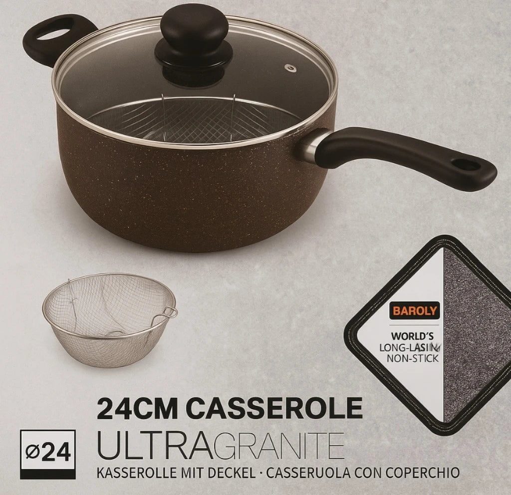 BAROLY 24cm Granite Shape Cookware Casserole Pot Non Stick Cooking Pot with Lid and Basket