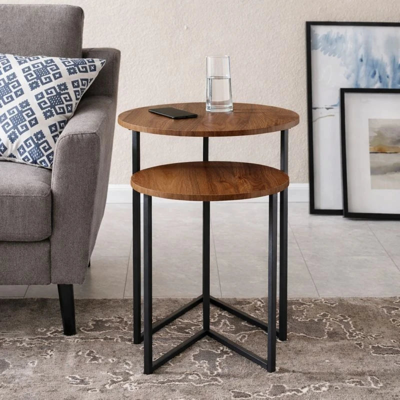 Dark Walnut Coffee Table Set of 3 Modern Round Metal Base Nesting Accent Tables Living Room Side Tables