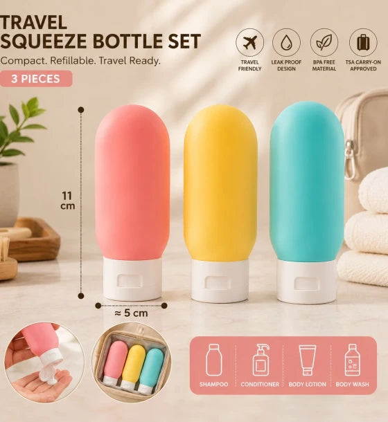 Travel Squeeze Bottle Set 3 Pieces Refillable Silicone Toiletry Bottles for Shampoo Conditioner Lotion Body Wash