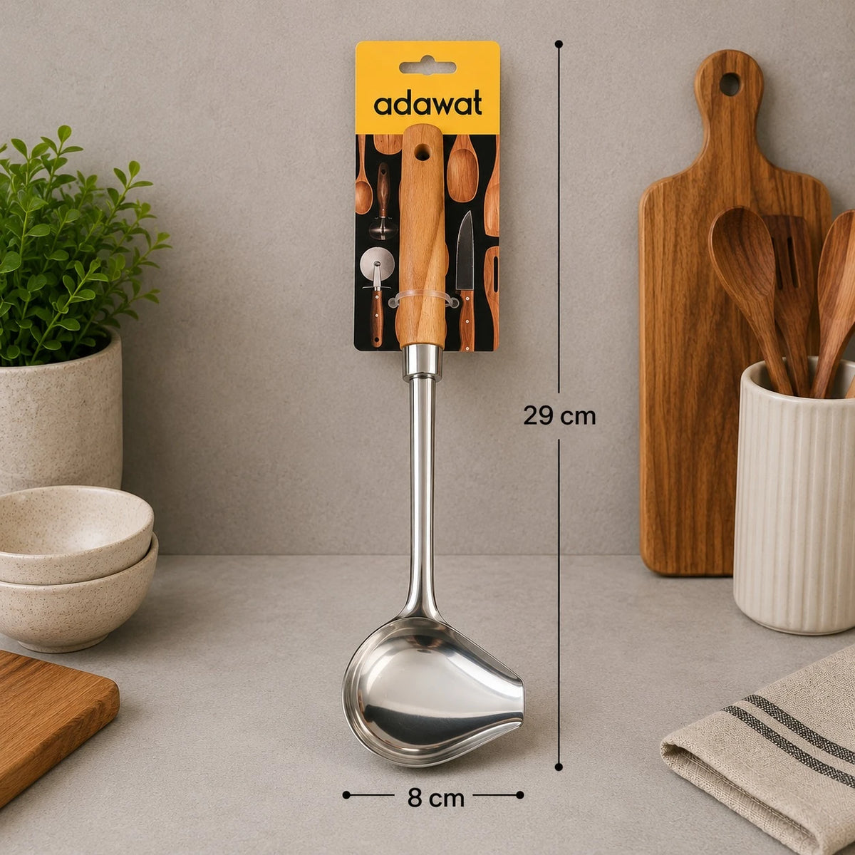 Adawat Stainless Steel Soup Ladle Wooden Handle Deep Scoop Serving Spoon Kitchen Utensil 29cm
