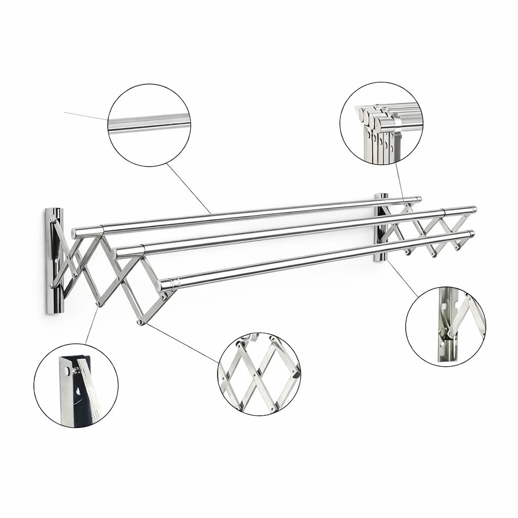 Stainless Steel Wall Mounted Drying Rack Foldable Expandable Laundry Clothes Hanger Retractable Space Saving Heavy Duty 3 Bar Clothes Airer 3 × 100CM 75CM Depth