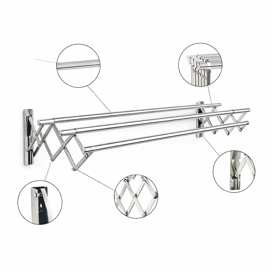 Stainless Steel Wall Mounted Drying Rack Foldable Expandable Laundry Clothes Hanger Retractable Space Saving Heavy Duty 3 Bar Clothes Airer 3 × 100CM 75CM Depth