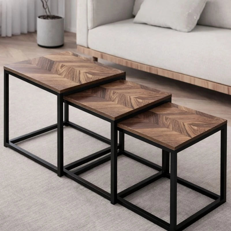 Square Nesting Coffee Tables 3 Pcs Set Industrial Wood Metal Side Tables Herringbone Design Living Room Furniture