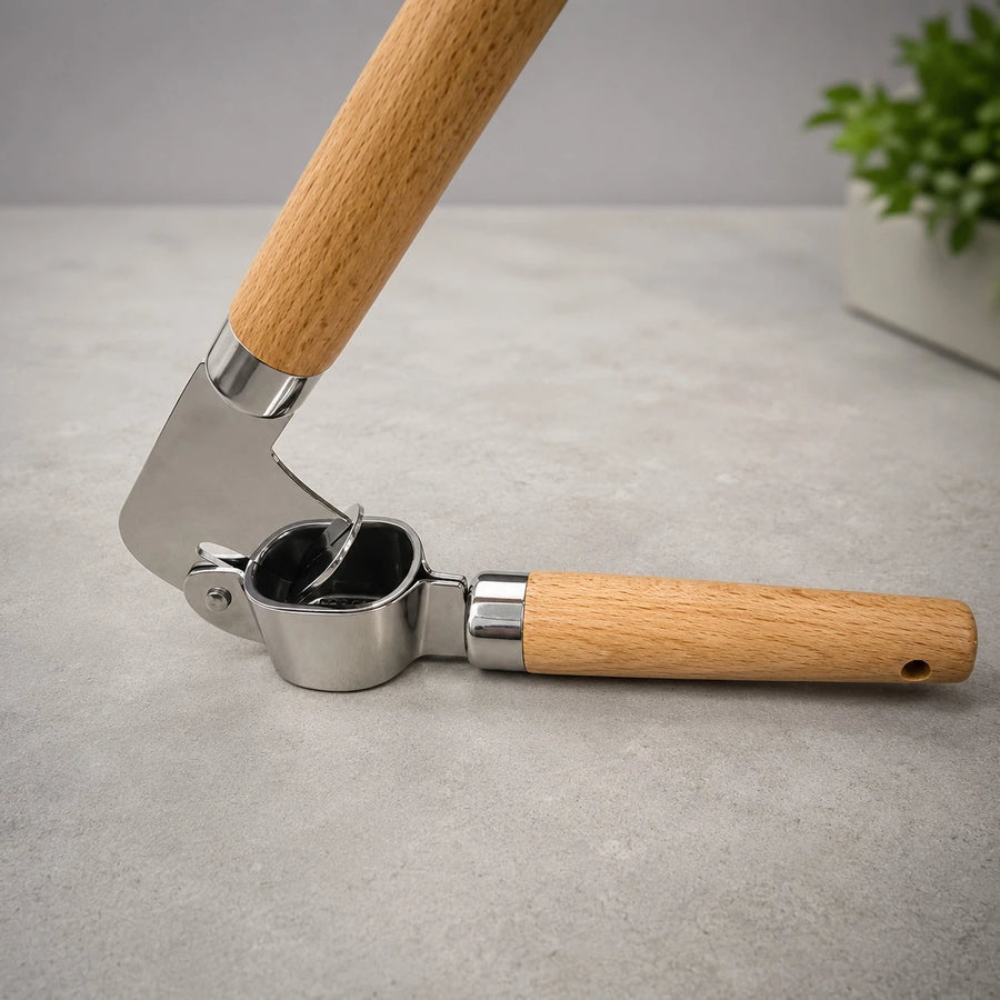 Adawat Garlic Press Stainless Steel Garlic Crusher Mincer with Wooden Handle Removable Basket Easy Clean