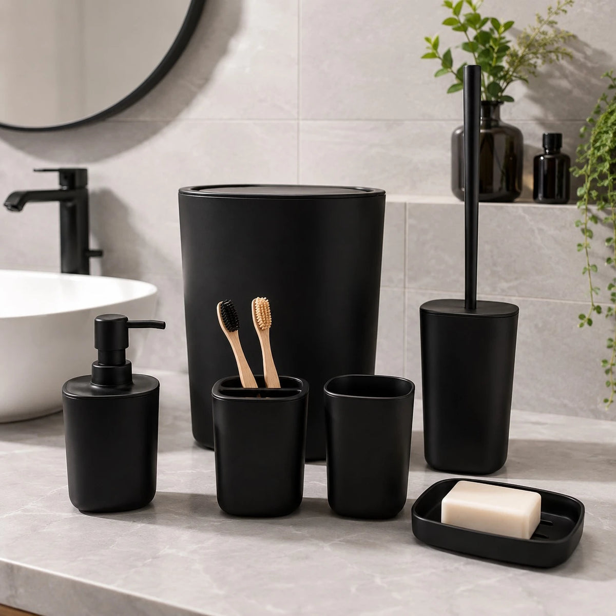 6 Piece Plastic Bathroom Accessories Set with Trash Bin Soap Dispenser Toothbrush Holder Tumbler Soap Dish and Toilet Brush | Black