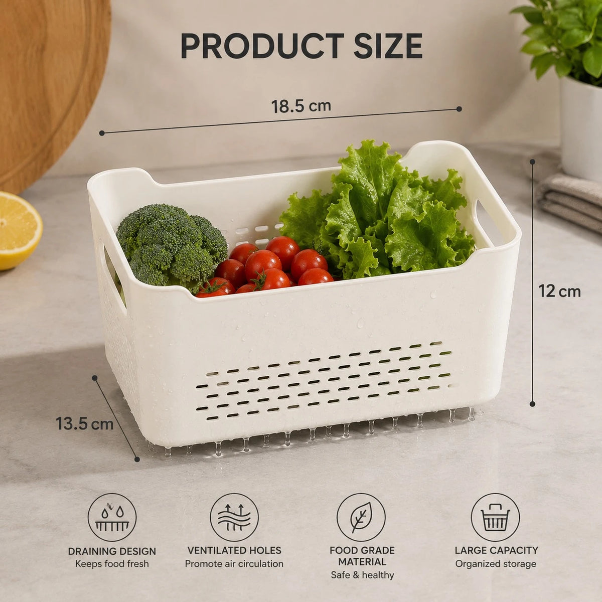 Food Storage Container With Removable Drain Basket Fridge Organizer Box Produce Keeper 30 x 20 x 14 cm - Image 3