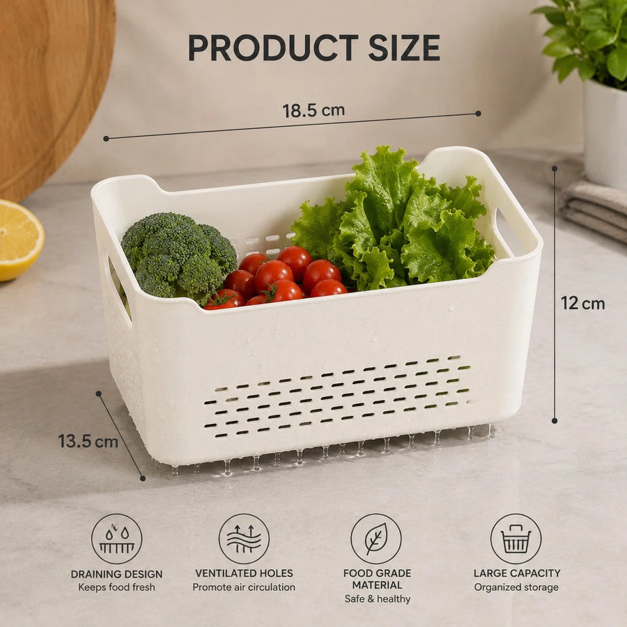 Food Storage Container With Removable Drain Basket Fridge Organizer Box Produce Keeper 30 x 20 x 14 cm