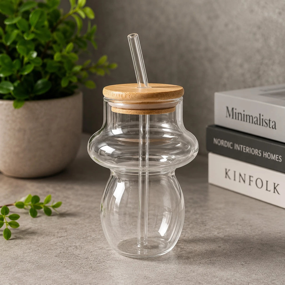 Creative Glass Juice Cup With Bamboo Lid Glass Straw Lemonade Cup 14 cm