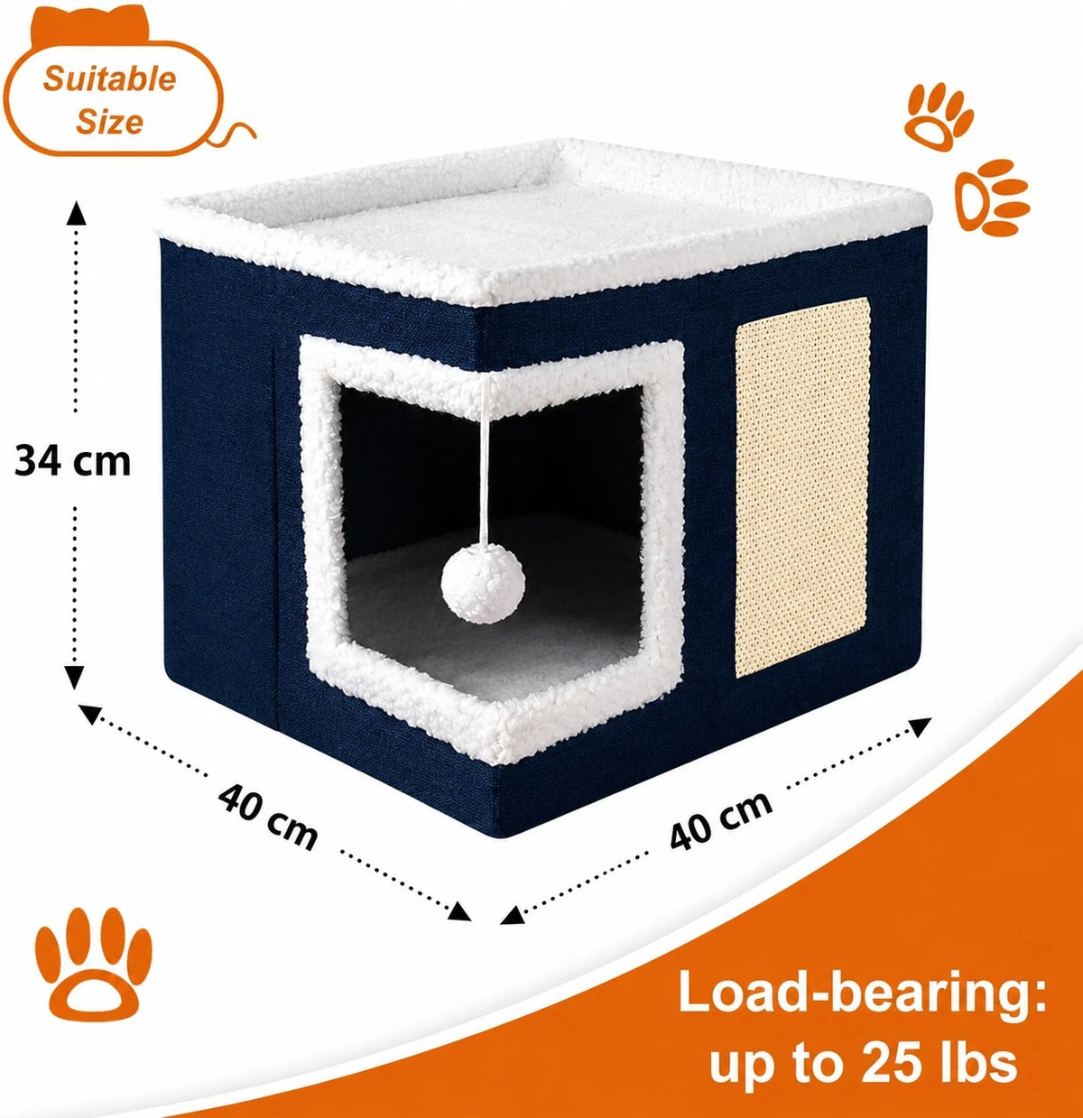 Cat House Bed Scratcher Condo Navy Blue Pet Hideaway Cozy Cat Cube Interactive Cat Cave Indoor Pet Furniture