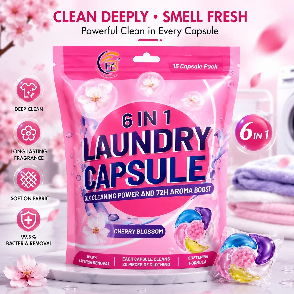 6 In 1 Laundry Capsules Cherry Blossom Detergent Pods 15 Capsule Pack Deep Clean Fresh Fragrance - Image 3