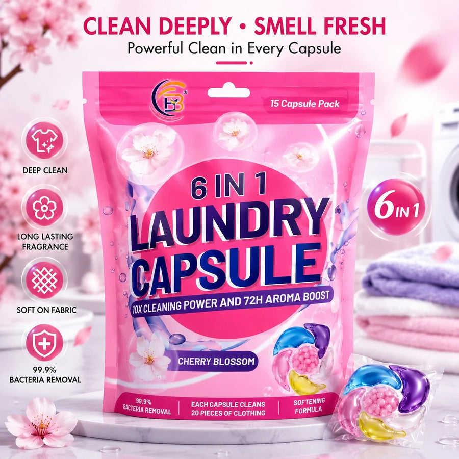 6 In 1 Laundry Capsules Cherry Blossom Detergent Pods 15 Capsule Pack Deep Clean Fresh Fragrance