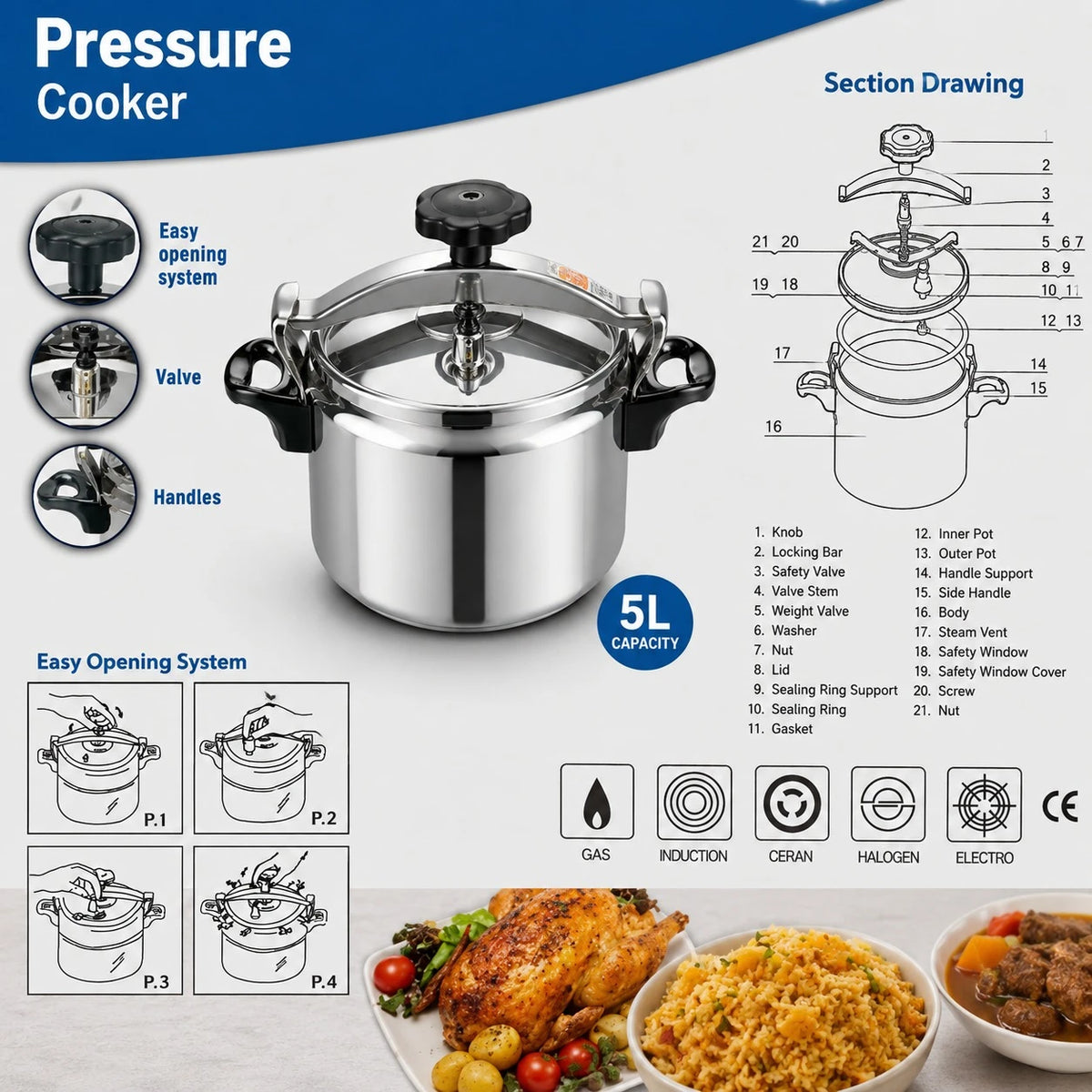 Pressure Cooker 5 Liter 18 10 Stainless Steel Fast Cooking Pot Easy Opening Safety Valve Induction Gas Cooker Kitchen Cookware Heavy Duty Pressure Pot Family Cooking Cooker - Image 2
