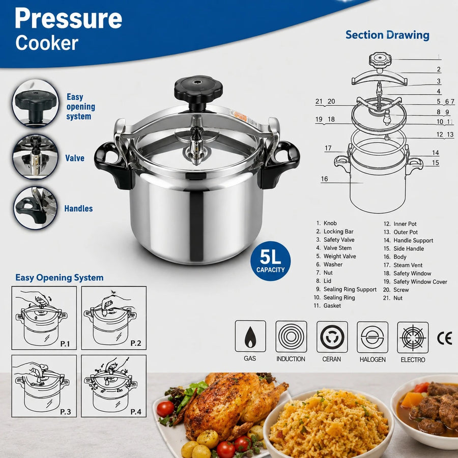 Pressure Cooker 5 Liter 18 10 Stainless Steel Fast Cooking Pot Easy Opening Safety Valve Induction Gas Cooker Kitchen Cookware Heavy Duty Pressure Pot Family Cooking Cooker