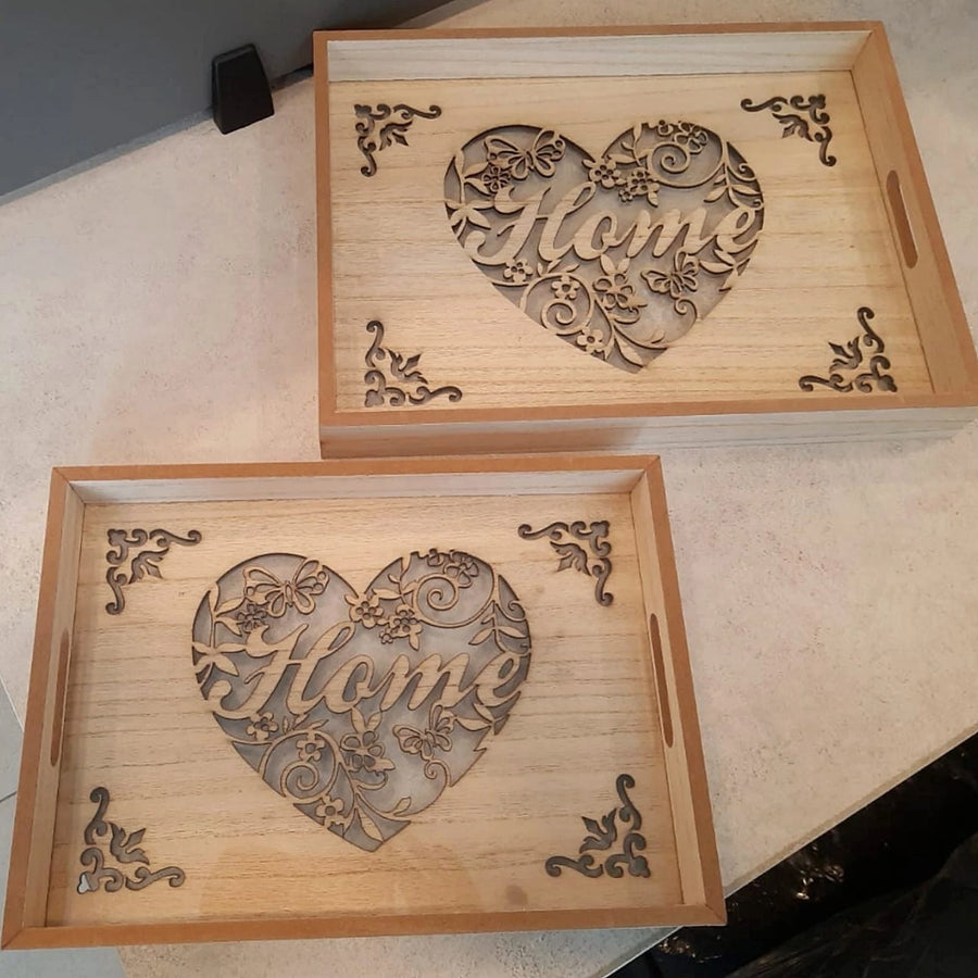 Heart Engraved Wooden Tray Set