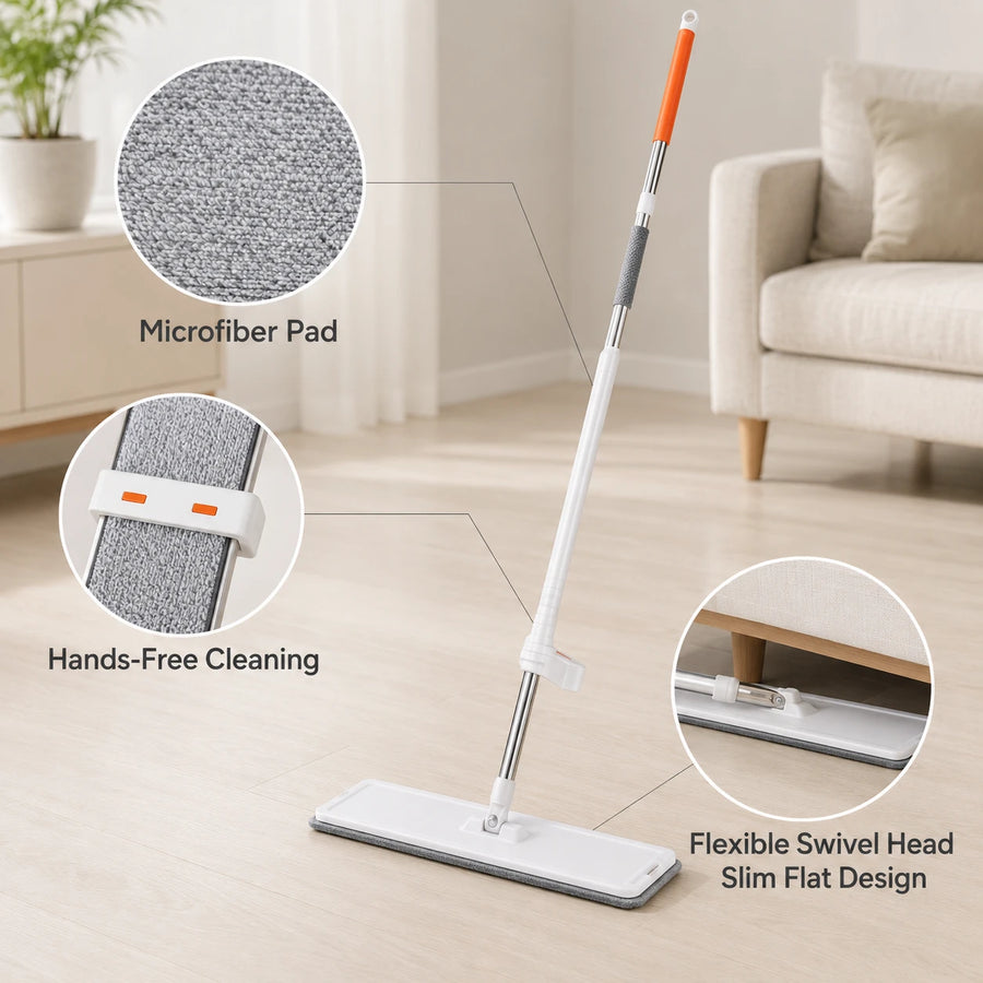 Flat Microfiber Floor Mop with Hands-Free Pad Removal Flexible Swivel Cleaning Mop for Hardwood Tile & Laminate Floors