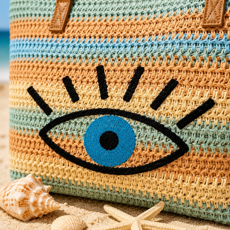 Summer Beach Bag Woven Tote Bag Evil Eye Straw Handbag Vacation Shoulder Bag