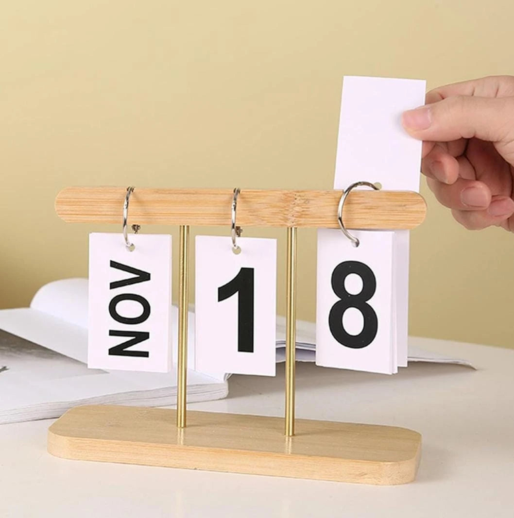 Vintage Perpetual Flip Desk Calendar with Wooden Base and Retro Decorative Design for Home and Office