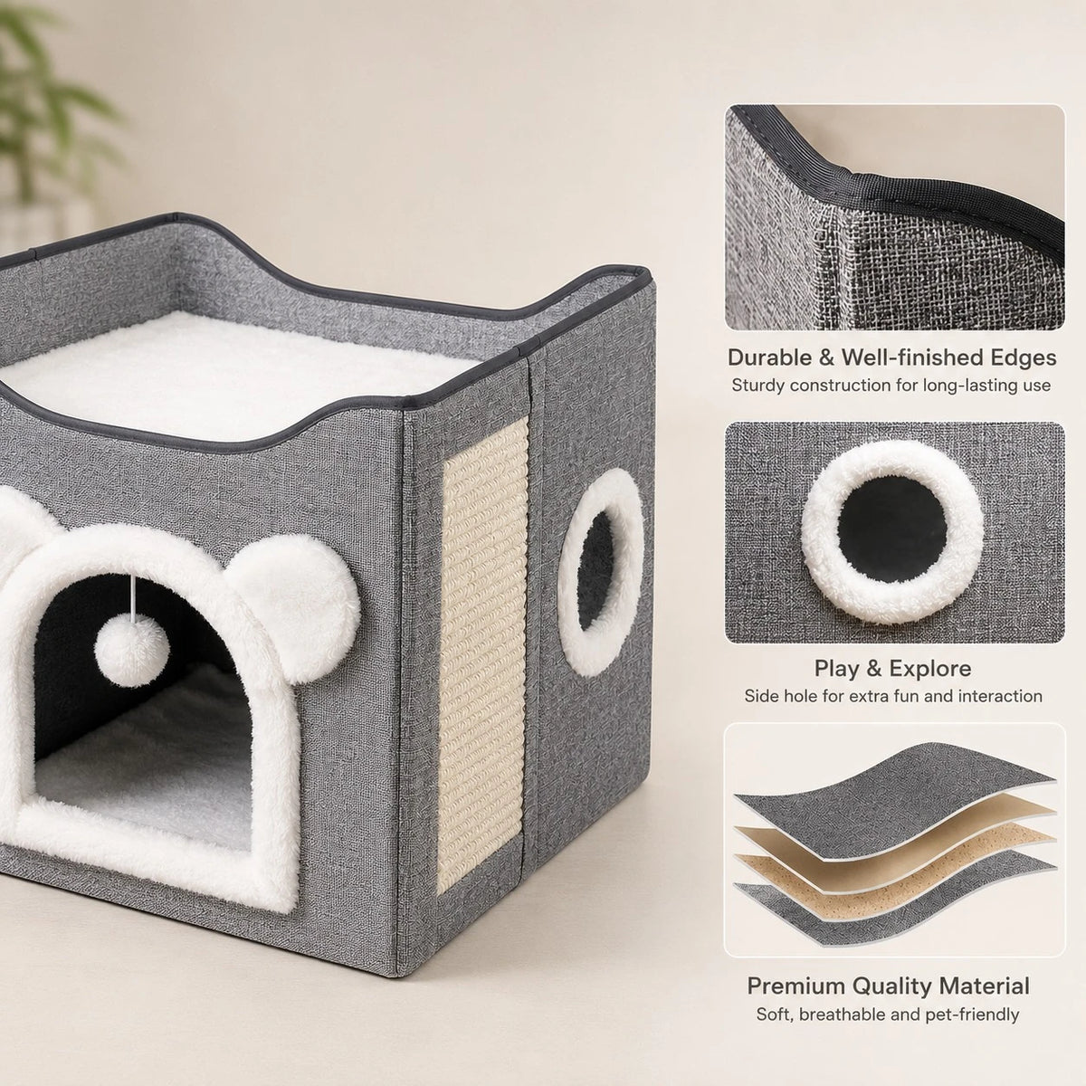 Cat House Bed Scratcher Condo Grey Fabric Pet Hideaway Cozy Cat Cube With Scratching Pad Interactive Cat Cave Indoor Pet Furniture