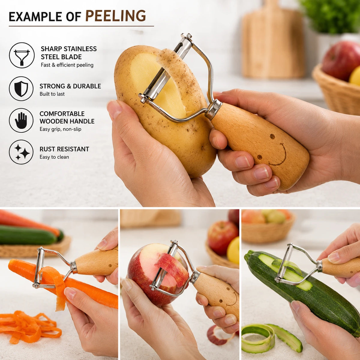 Adawat Wooden Peeler Handle Y Shaped Peeler Stainless Steel Vegetable Fruit Peeler Kitchen Peeling Tool