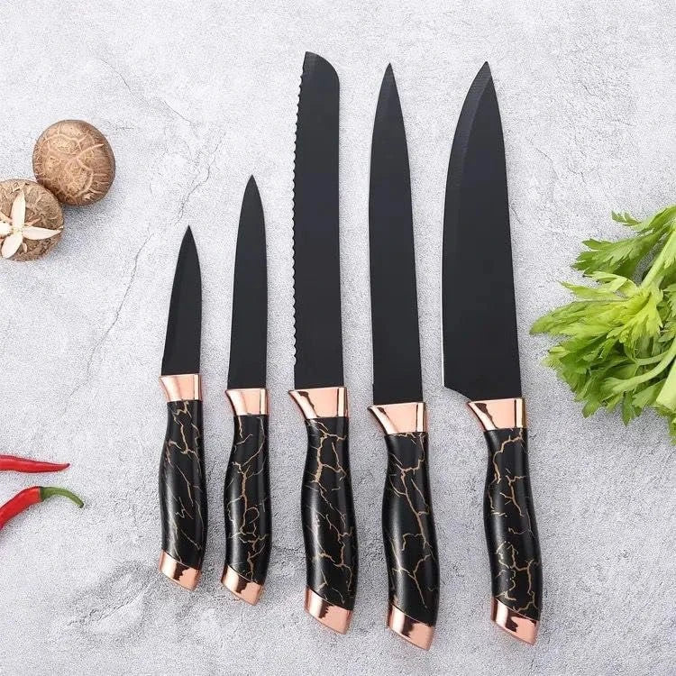 5 Piece Stainless Steel Kitchen Knife Set with Ergonomic Black Handles for Chopping Slicing and Carving