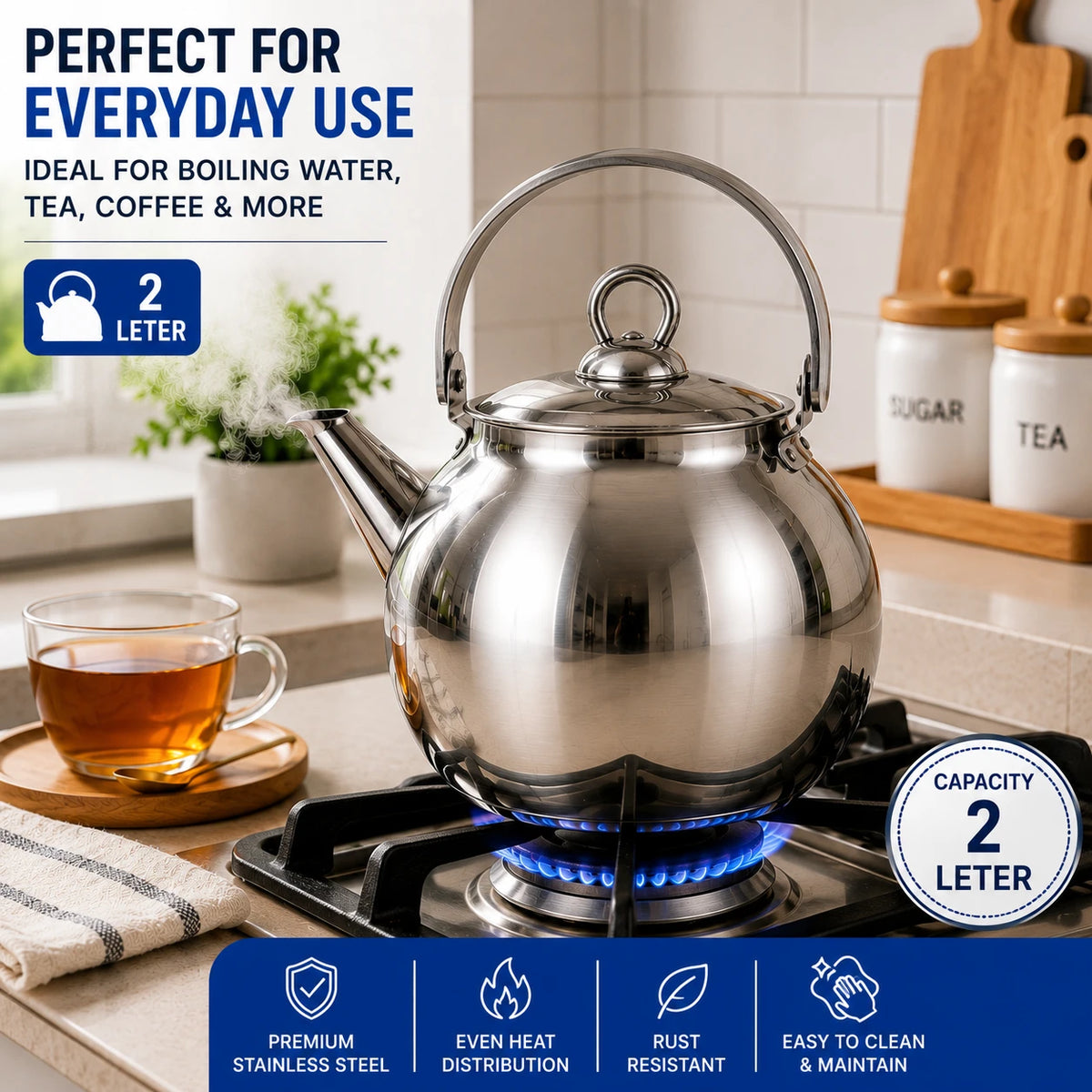 Stainless Steel Tea Kettle Teapot Whistling Kettle Kitchen Water Pot 2 Liter - Image 1