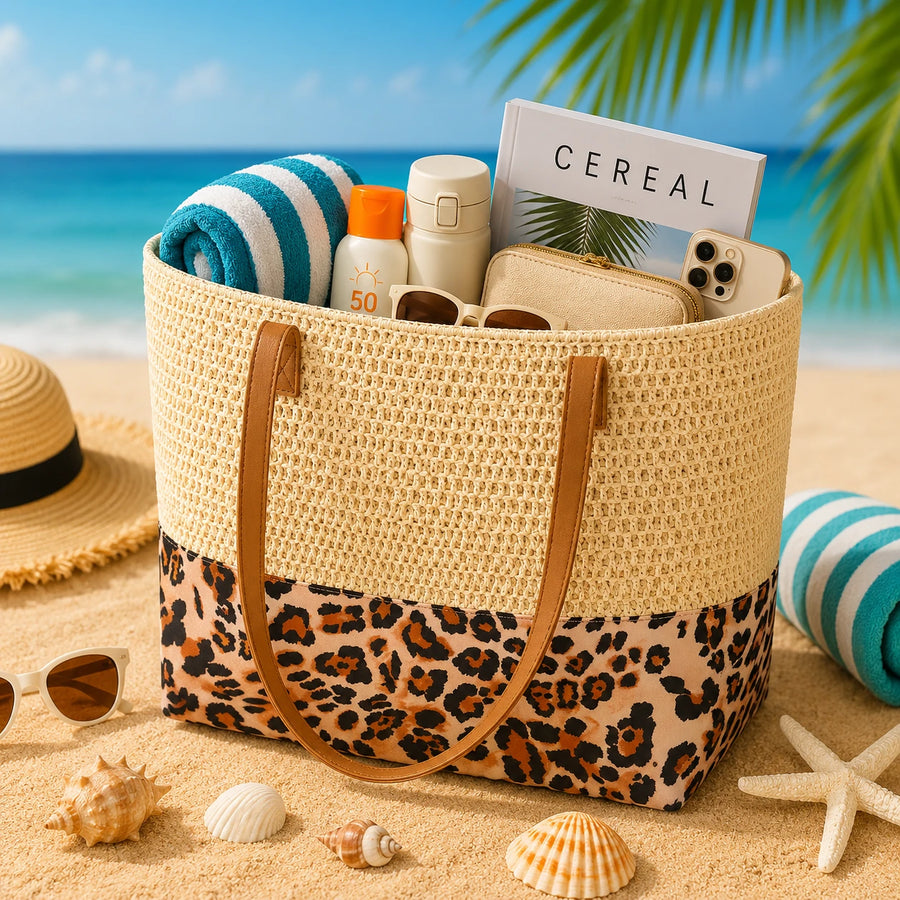 Travel Beach Tote Bag Leopard Print Straw Summer Bag Large Capacity Shoulder Bag