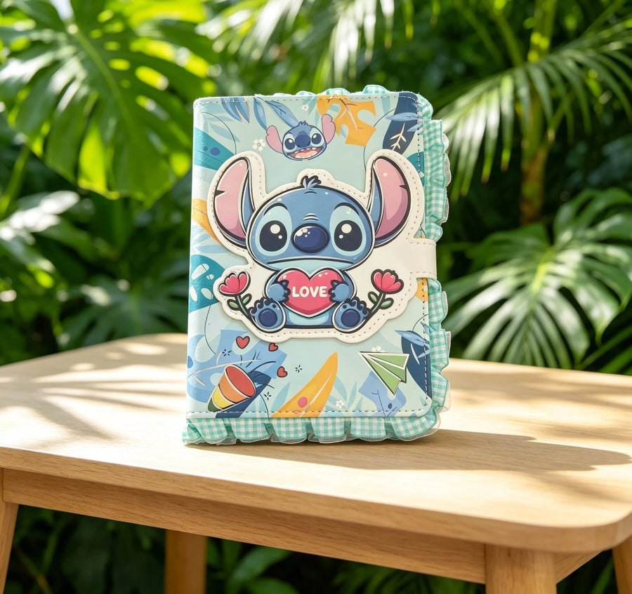 Stitch Character Notebook with Decorative Cover, Strap Closure & Ruffle Trim – Cute School Journal & Writing Notebook