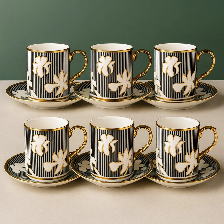 Black & Gold Porcelain Coffee Espresso Cup, Set of 6