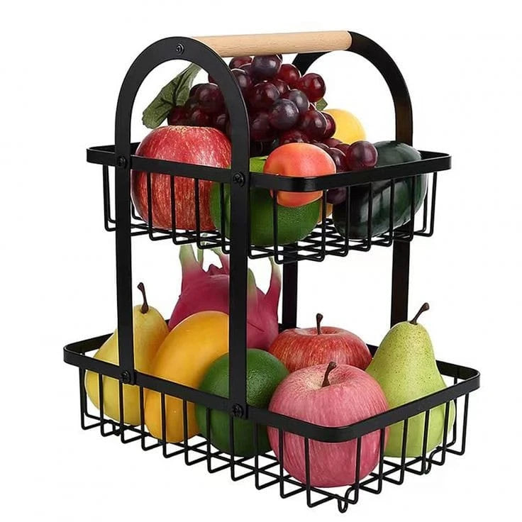 2 Tier Metal Fruit Basket Organizer with Modern Black Finish for Kitchen Countertop and Dining Table