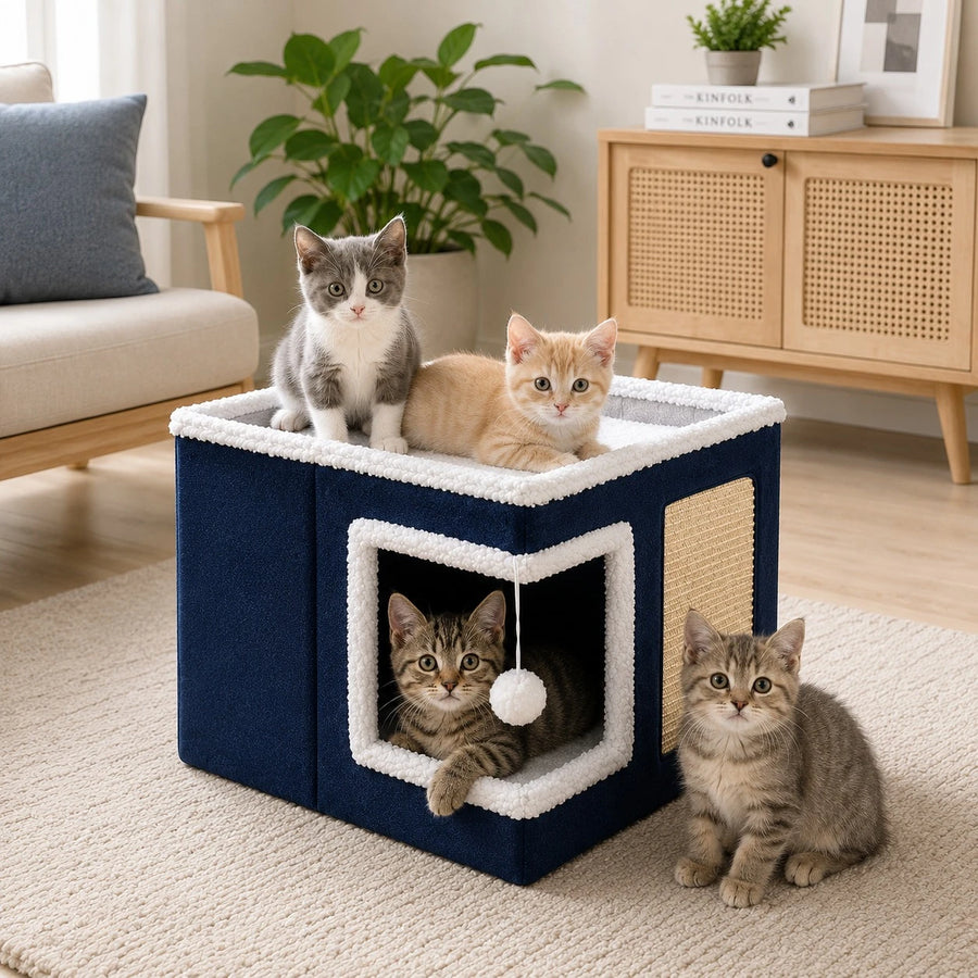 Cat House Bed Scratcher Condo Navy Blue Pet Hideaway Cozy Cat Cube Interactive Cat Cave Indoor Pet Furniture