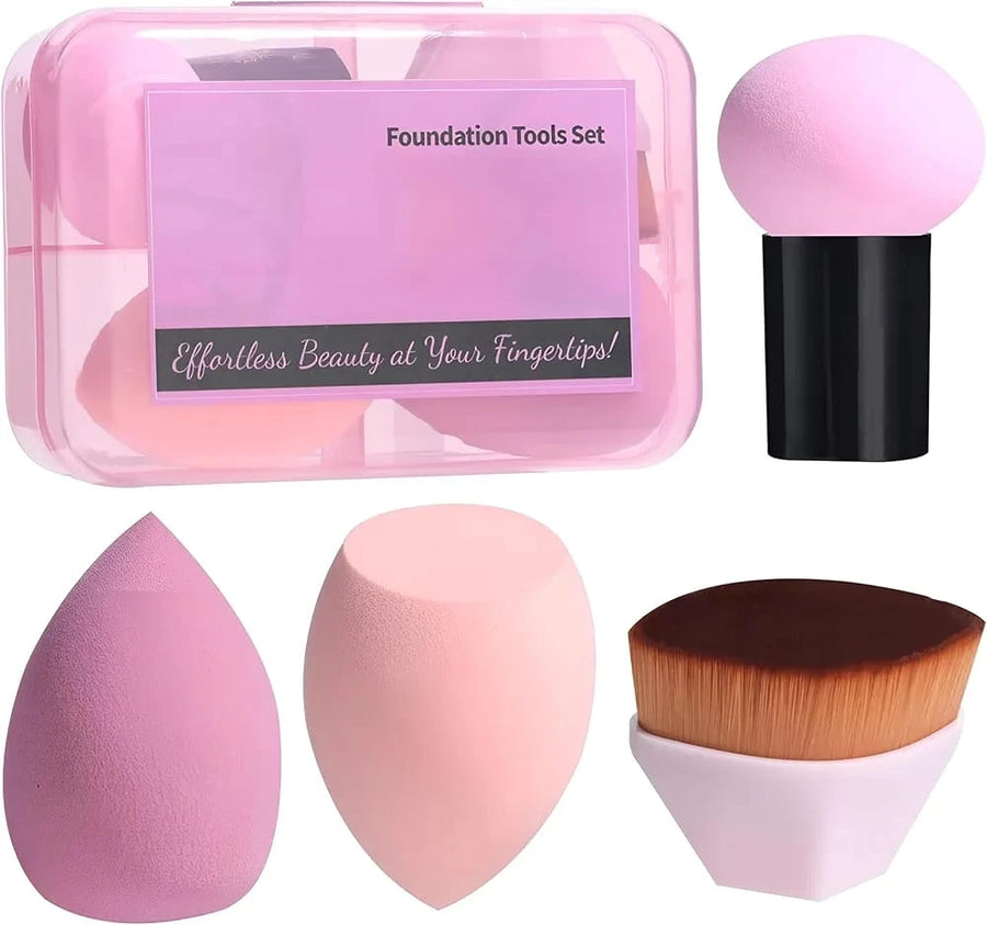4 Piece Makeup Brush and Sponge Set with Foundation Brush Mushroom Puff and Storage Box