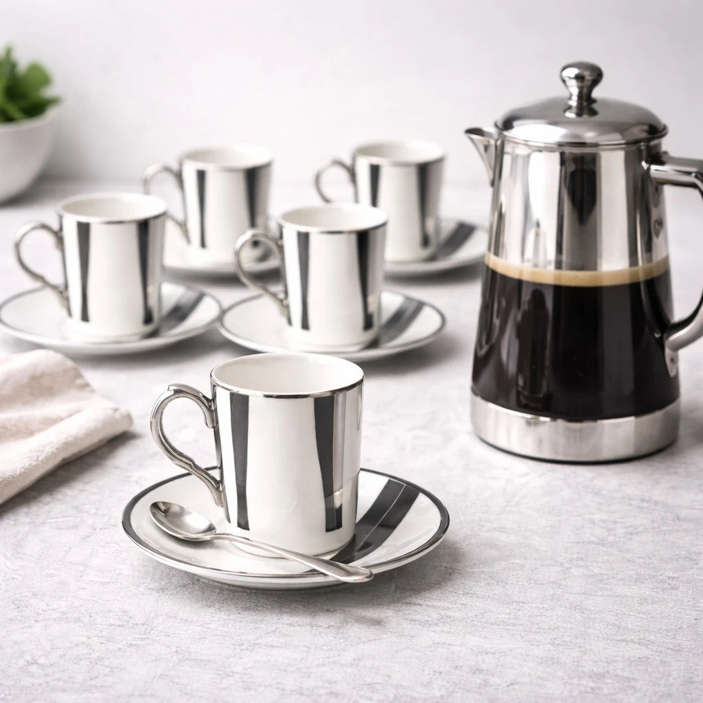 Porcelain Coffee Cup Set of 6 Turkish Coffee Espresso Cups Silver Stripe Luxury Drinkware