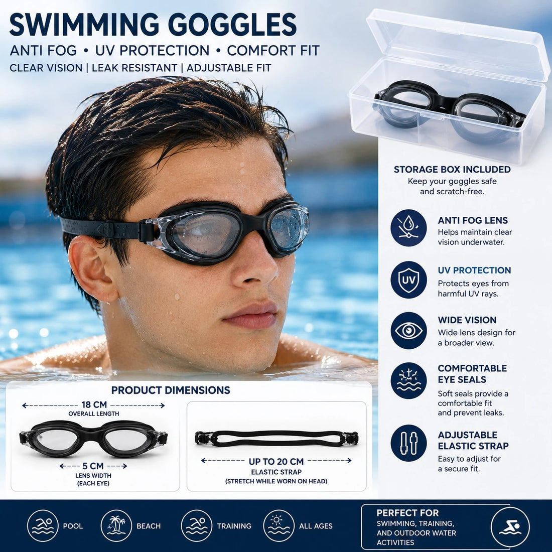 Swimming Goggles Anti Fog UV Protection Waterproof Swim Glasses Adjustable Elastic Strap Wide Vision Leak Resistant Pool Beach Training Goggles with Storage Case