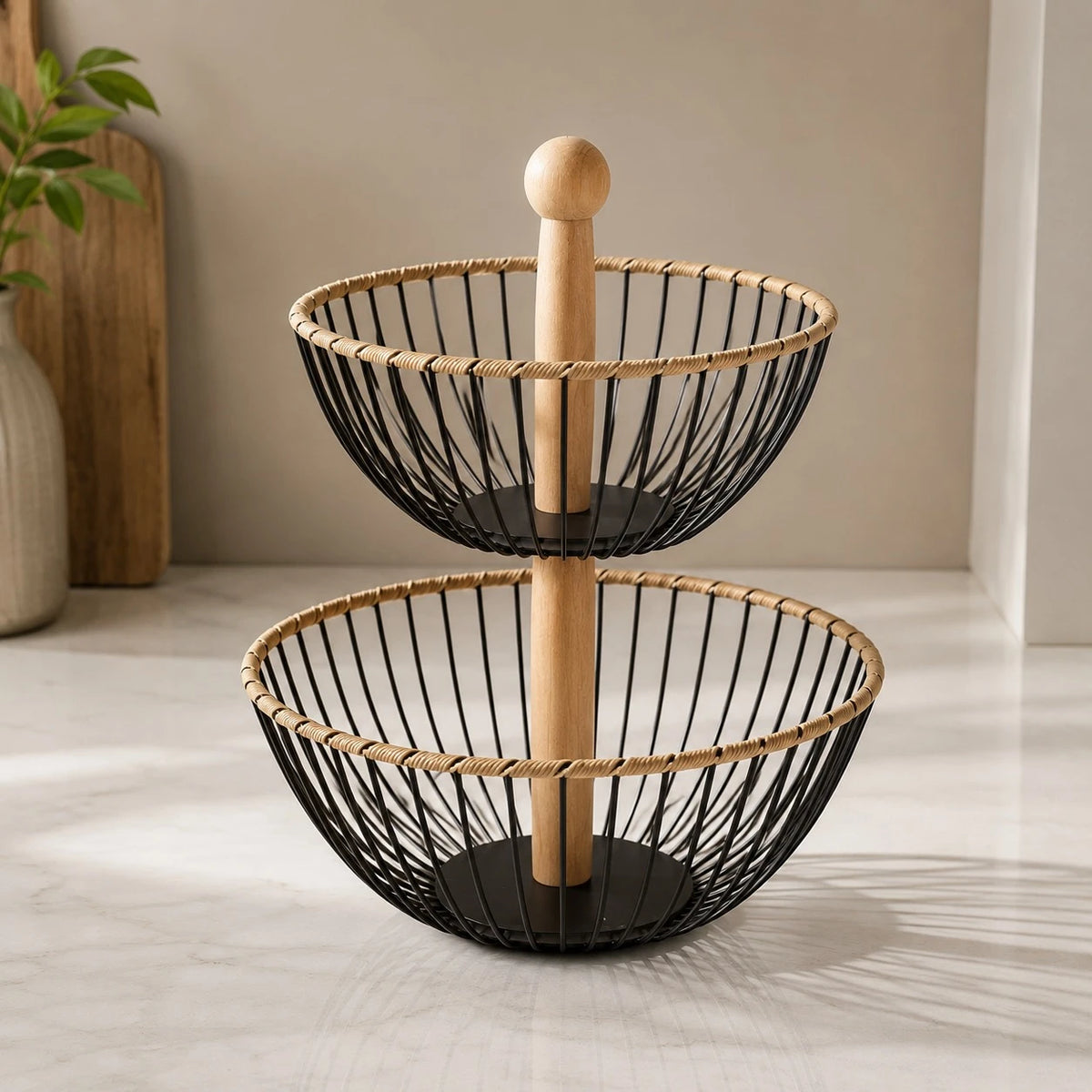 2 Tier Metal Wire Fruit Basket with Wooden Handle Kitchen Countertop Storage Organizer