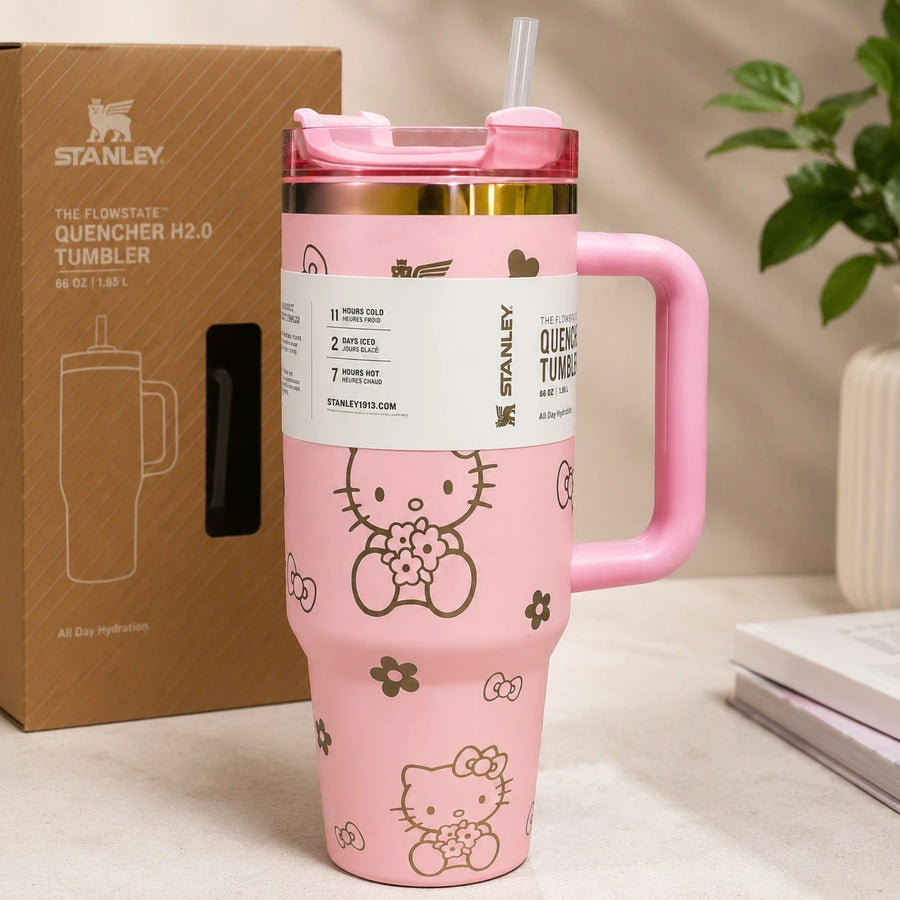 Stanley Style Hello Kitty Thermal Tumbler With Handle Straw 40 Oz Large Capacity Insulated Travel Mug