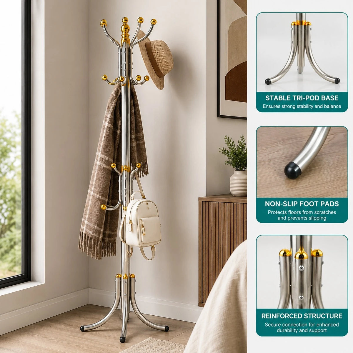 Stainless Steel Coat Rack Stand 12 Hook Entryway Bedroom Clothes Hanger Organizer