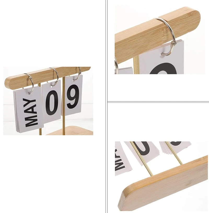 Vintage Perpetual Flip Desk Calendar with Wooden Base and Retro Decorative Design for Home and Office