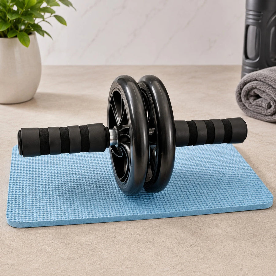 Roller Wheel Double Wheel Core Workout Exercise Roller Sports Gym Fitness Training Tool With Knee Mat