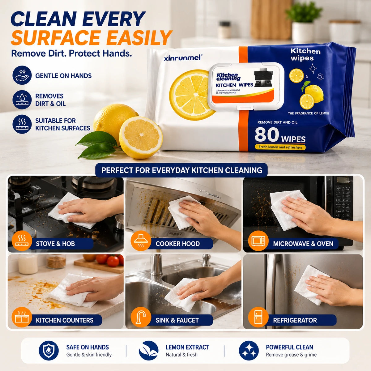 Kitchen Cleaning Wipes Lemon Scented Kitchen Surface Wipes Multipurpose Cleaning Wipes 80 Wipes - Image 2