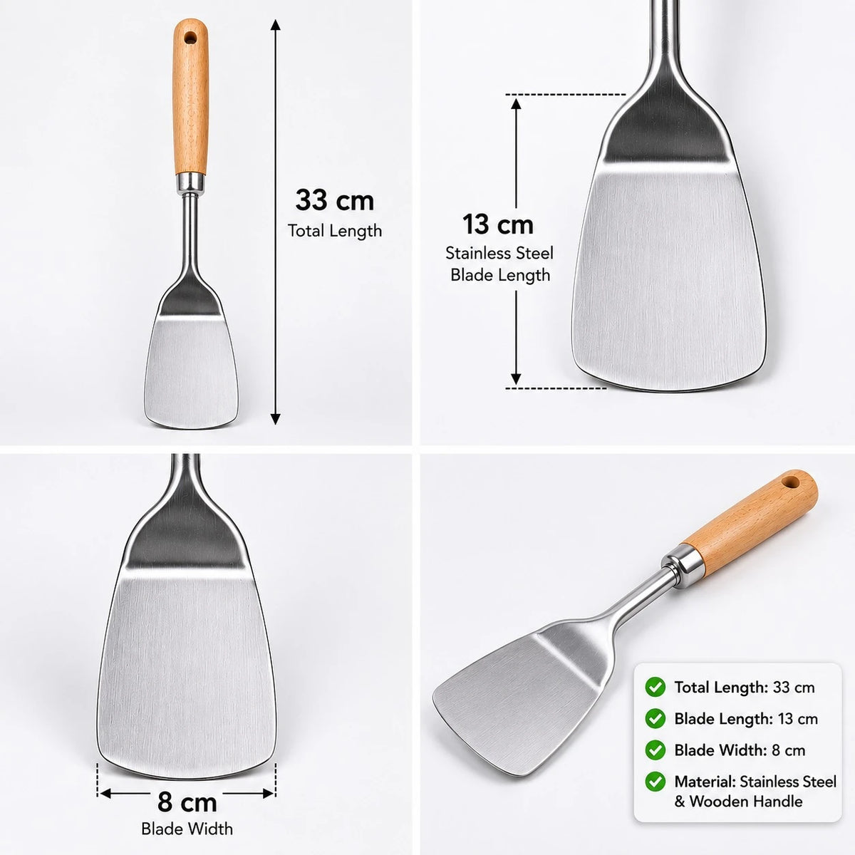 Adawat Stainless Steel Kitchen Turner Spatula Wooden Handle BBQ Grill Cooking Pancake Burger Fish Turner 33 cm