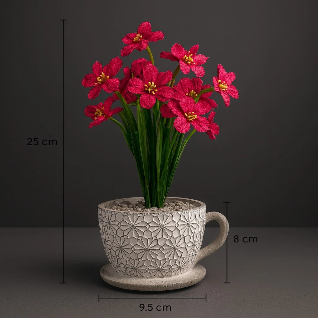 Artificial Fuchsia Pink Blossom in Textured Cup Pot – 25 cm