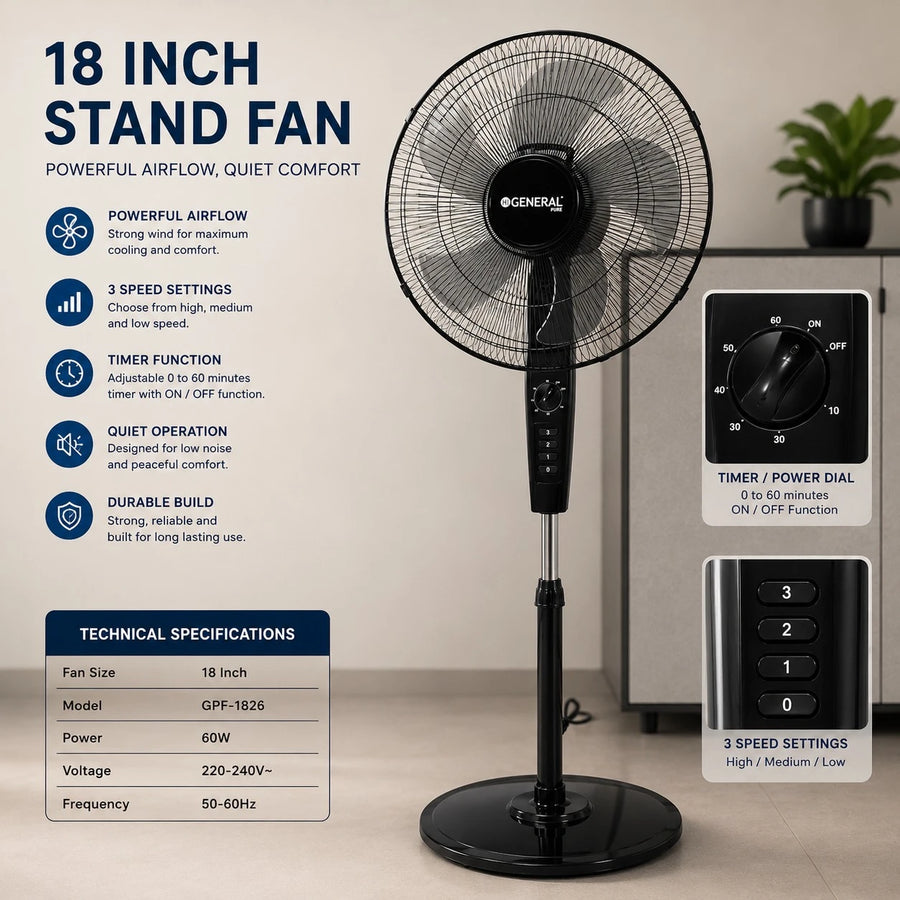 General 18 Inch Stand Fan Pedestal Fan Adjustable Cooling Fan Copper Motor Black