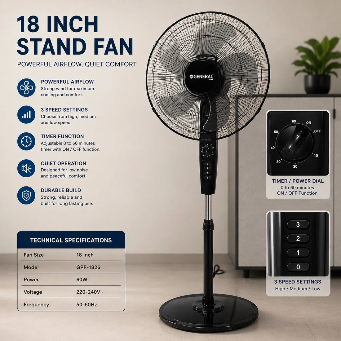 General 18 Inch Stand Fan Pedestal Fan Adjustable Cooling Fan Copper Motor Black