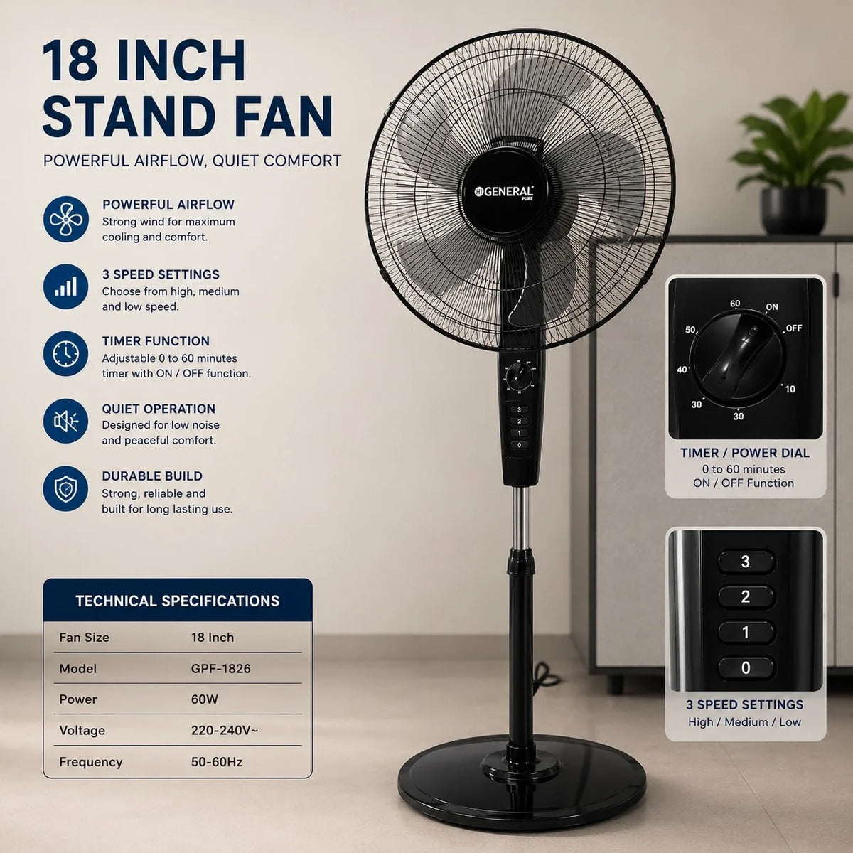 General 18 Inch Stand Fan Pedestal Fan Adjustable Cooling Fan Copper Motor Black