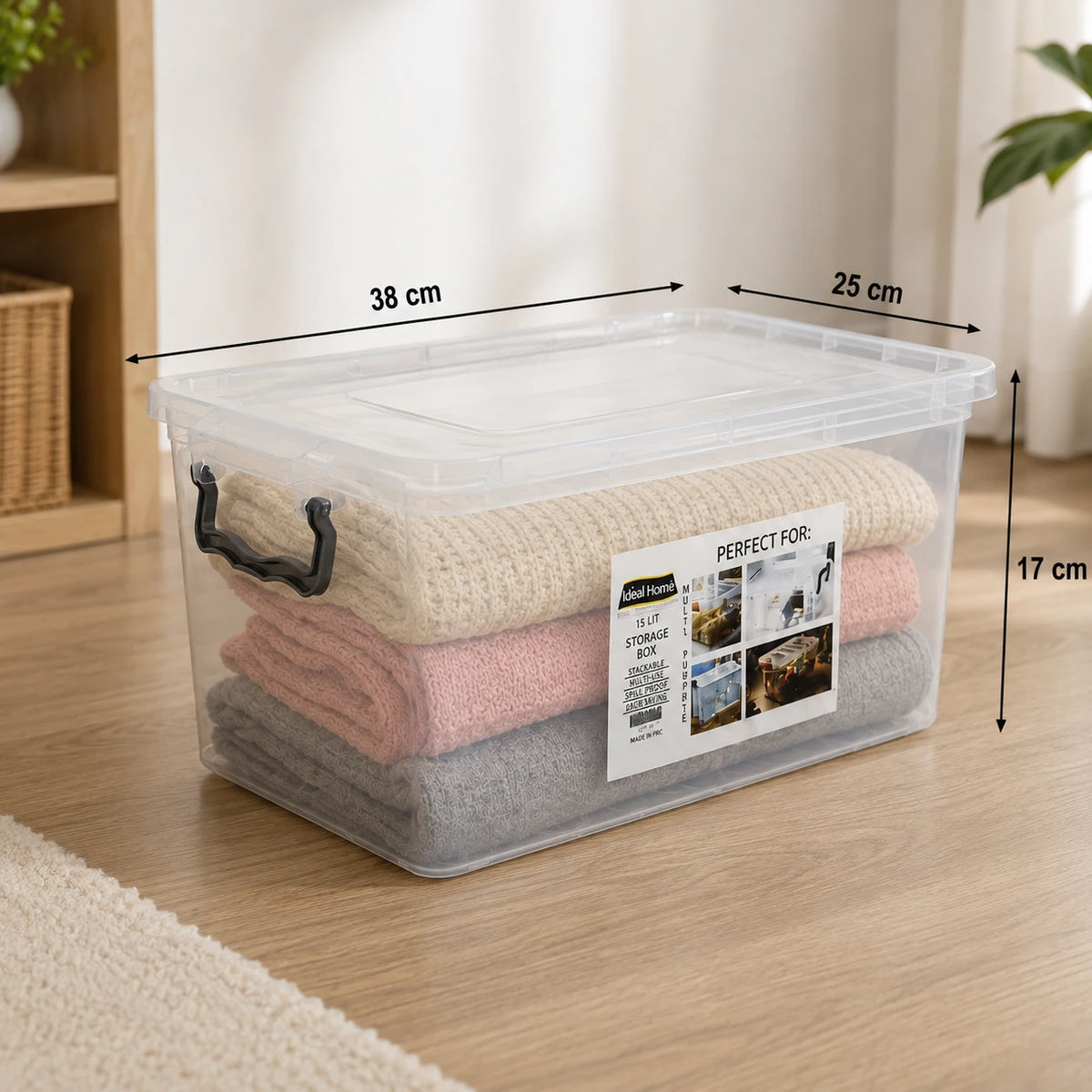 Clear Plastic Storage Box with Locking Lid 15L Stackable Storage Organizer