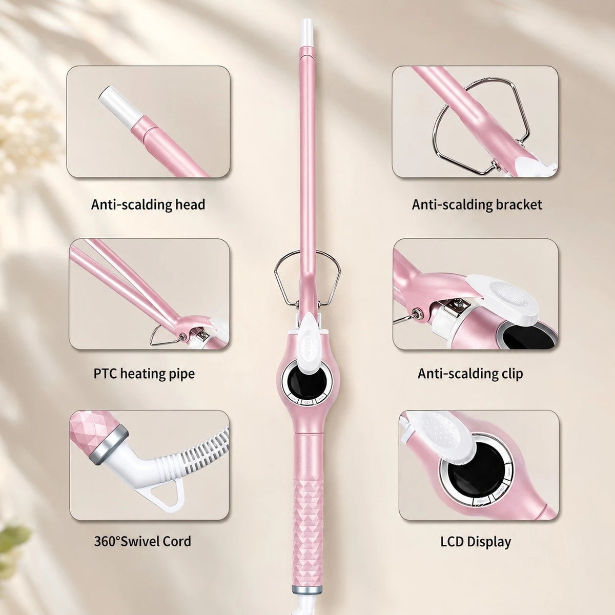 MoeHair 9mm Slim Ceramic Hair Curler Wand LCD Display Tourmaline Ceramic Curling Iron Hair Styling Wand 45W–65W