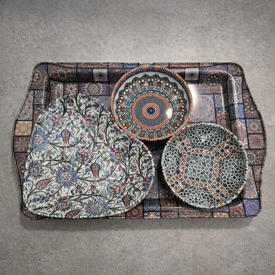 Turkish Metal Serving Tray Set Heart Bowl Saucer Mandala Mosaic Design Coffee Sweet Serving Set Decorative Tray Assorted